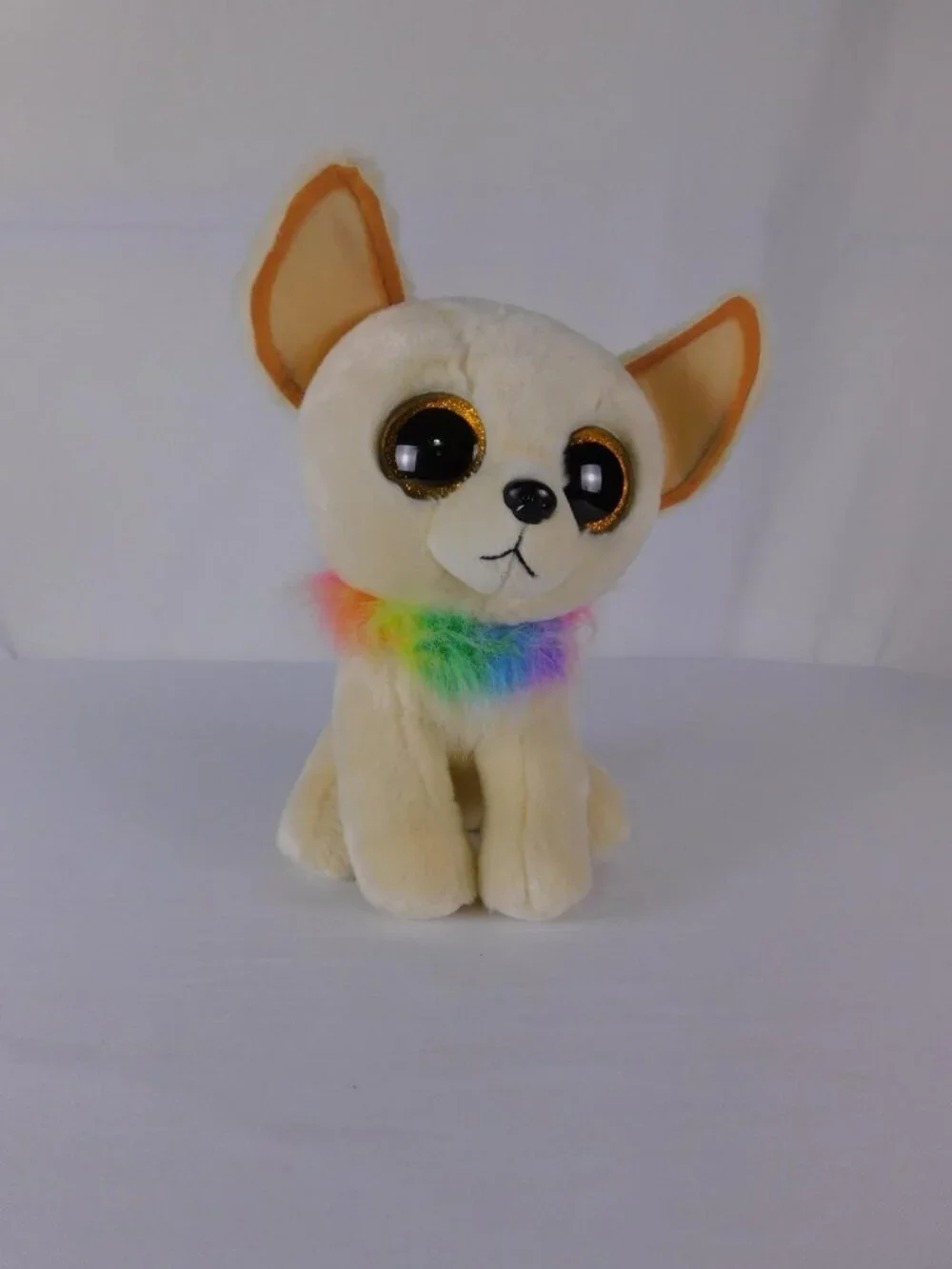 Ty VelveTy Chewey Beige Dog Plush Small Rainbow Collar Stuffed Toy Washable